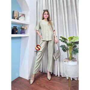 ONE SET WANITA POLO LINEN SETELAN WANITA MOTIF POLOS LINEN PREMIUM/ONESET