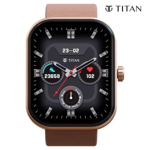 Titan Mirage with 4.97 cm AMOLED Display and AOD Functional Crown BT Calling Smartwatch with Brown Leather Strap