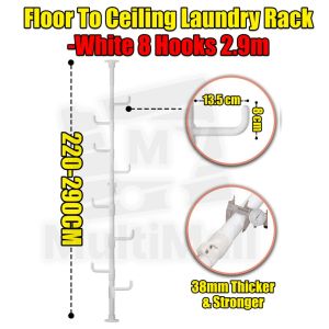 Floor to Ceiling Drying Pole Adjustable Standing Laundry Tension Rod with 8 Hooks Drying Pole