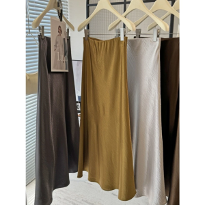 Jass Shop High Waist Skirt Plain Silk High Waist A-Line Skirt Long Maxi #2103