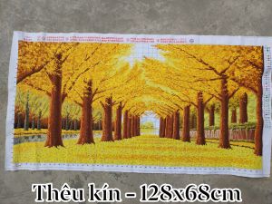 THÊU SẴN Tranh thêu chữ thập thành phẩm phong cảnh hàng cây lá vàng mùa thu thêu 100%