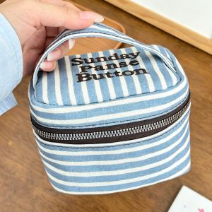 INNEED Blue White Striped Square Storage Box Handheld Zipper Design Small Cosmetic Pouch Multi-functional Handbag Women Girls