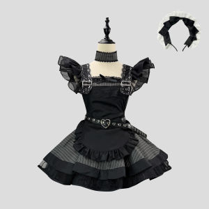 New Product Retro black and white stripes Lolita Maid outfit subculture Japanese cute apron set cos Dress