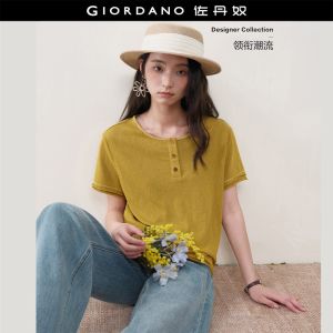 Giordano Women Embroidered rolled trim henley neck short sleeve tee Free Shipping 18326810