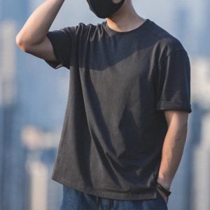 Maden quần áo nhãn hiệu Áo thun cổ tròn dáng rộng cổ điển Nhật Bản phong cách khuôn viên trường trẻ trung đơn giản màu xám đậm 2025 nam mới mùa hè Áo sơ mi màu trơn giản dị