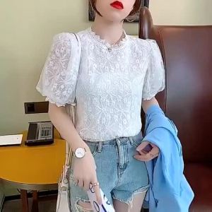 Modern Filipiniana Top Casual Plain Eyelet Embroidery Pearl Buckle Contrast Lace Blousesfor Women plus size cotton formal casual (White)