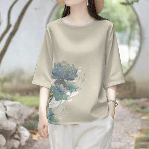 Breathable Linen Blouses Women Tops Temperament Ladies Puff Short Sleeve Top Floral Pattern Pullover V Neck T Shirt Women