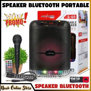 Speaker Bluetooth Advance S-60 "8inch" ( BONUS MIC KABEL + REMOTE + KABEL JACK + KABEL USB ) / Speaker Portable Karaoke Advance Extra Bass ~ Noah Online Store