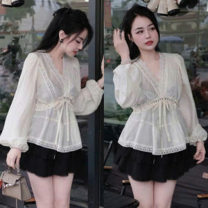 Set thiết kế đồ nữ mặc hè set áo cổ V tay dài tiểu thư phối Ren mix chân váy ngắn có lót quần trong dễ thương đi biển