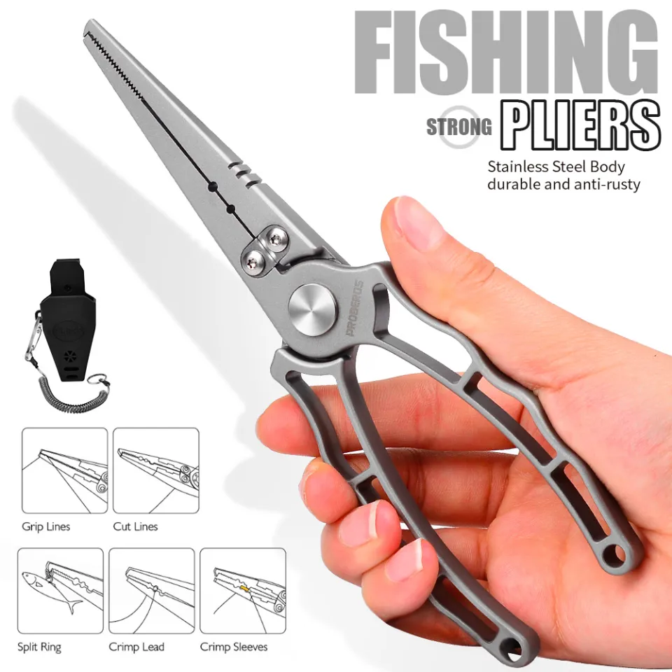 PROBEROS Stainless Steel Fishing Pliers Scissor Anti-rusty Saltwater Hook  Removers Fishing Tongs Split Ring Tool Fishing Gear Line Cutters with  Safety Lock and Sheath FP027