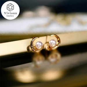 Viviann Original New Moon Stereoscopic 18K Gold Moon Seawater Pearl Stud Earrings Authentic 925 Sterling Silver Sweet Pearl Stud Earrings For Women Wedding Party FIne Jewelry