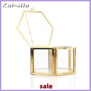 Kui-Min กล่องใส่แหวนหกเหลี่ยมปลายสูงสีทองและเครื่องประดับกล่องเก็บเครื่องประดับแก้วสีทองหรูหราและย้อนยุค
