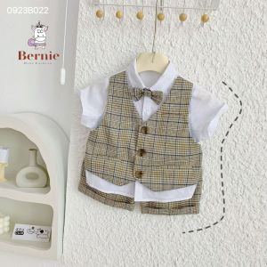 Set công tử vest gile phối kẻ kèm nơ phong cách hàn quốc cho bé trai đi tiệc BERNIE 9-25kg