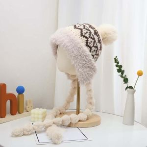 EODKUS Fleece Lined Pompom Braids Hat Striped Knit Fur Brim Fleece Knit Beanie Plush Ear Protection Windproof Fur Trim Trapper Skiing