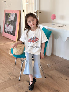 【Family Set】Baju Setelan Anak Perempuan Cute printed T-shirt + busur bell-bottoms Baju santai anak