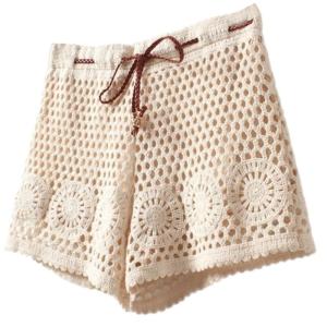 Womens Crochet Drawstring Waist Tie Front Wide Leg Shorts Hollowout Knit Beach Lace Shorts Bathing Suit Sheer Cover Up