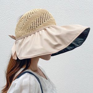 Summer Women Bucket Hat UV Protection Big Wide Brim Beach Sun Hats Empty Top Caps Ponytail Caps Bows Ladies Girls Panama Caps