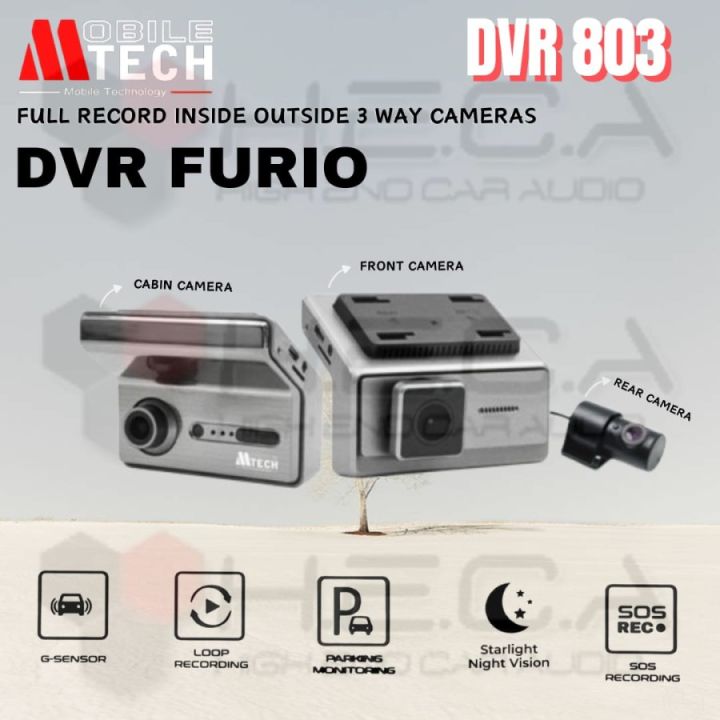 Mtech FURIO DVR 803 3-way Kamera Dash Cam Dashcam interior Kabin, Front, Rear Camera CCTV Mobil M-Tech