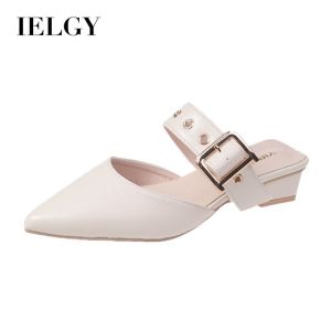 IELGY Belt buckle half slippers for women new Korean style pointed toe thick heel bag toe sandals
