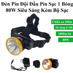 Đèn Pin Đội Đầu Pin Sạc 1 Bóng 80W Ánh Sáng Vàng Siêu Sáng Kèm Bộ Sạc Có Led Báo Đầy