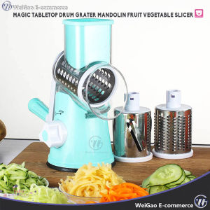 Magic Tabletop Drum Grater Mandolin Fruit Vegetable Slicer with 3 Stainless Steel Blades