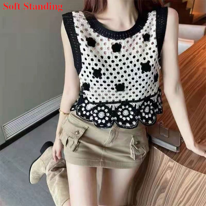 Crochet Top Hollow-out Knitted Camisole Women Versatile Sleeveless Top  Simple Short Top