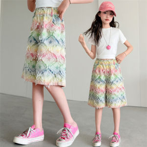 Summer Girls Colorful Five-Pointed Star Denim Knee-Length Shorts Korean Fashion Hot Deals Children Wide Leg Shorts for 5-14Years