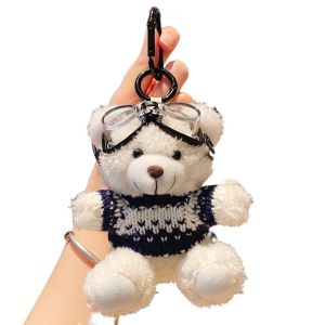 PLUMFOU  Pilot Bear Keychain Pearl Bell Stuffed Animal Pendant Kawaii Doll Clothing Plush Bear Key Ring Women