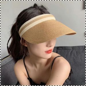 หมวกฟาง ที่บังแดด ปรับได้ หมวกกันแดดลาเฟย ผลกระทบ ยอดเยี่ยม ระบายอากาศได้ ลายทาง ขยาย อเนกประสงค์