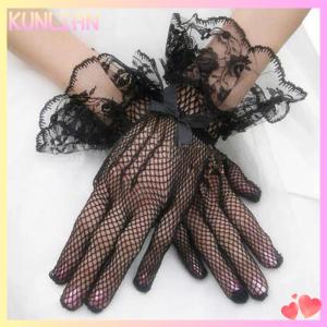 [KUNLIAN] ถุงมือสั้นลูกไม้สำหรับผู้หญิงสไตล์วินเทจถุงมือสำหรับเจ้าสาวในงานแต่งงานถุงมือสำหรับงานเลี้ยงน้ำชาถุงมือดอกไม้สำหรับงานเลี้ยงอาหารค่ำชุดแฟนซีถุงมือเครื่องประดับ