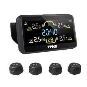 USB Solar TPMS Car Tire Pressure Alarm Monitoring System 4 External Sensors Real-Time Solar Power Car Tire Temperature Warning Solar Power Digital LCD Display Auto Tire Pressure Monitor TPMS Sensors