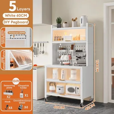 YOYO 5/6 Layer Kitchen Storage Cabinet Carbon Steel Rack with Cover Microwave Oven Shelf Multifunctional Organizer Cabinet Rak Dapur Storage Rack