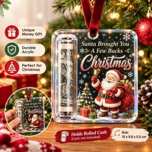 Christmas Acrylic Money Pocket Ornament Hanging Decor Cash Sleeve Holder With Ribbon Santa Snowman