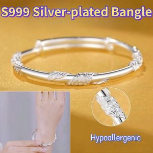 Flower Solid Women's Boutique Light Hand Jewelry: S999 Silver-Plated Bangle & Ancient Method Bracelet