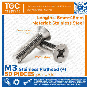 TGC 50PCS M3 x 6~40MM SS Flathead Phillips Drive / SUS Countersunk JF Bolt / Stainless Flat Head Machine Bolt (3MM)
