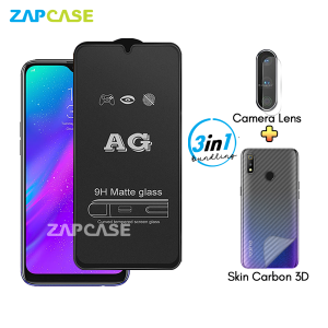Realme 3 PAKET 3in1 Tempered Glass Anti Glare Free Camera Lens dan Skin Carbon