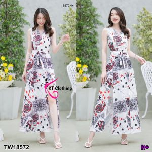 TW18572  Jumpsuit จั๊มสูทขาสั้น คอวีแขนกุด ลายไพ่ + สายผูก