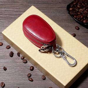 Popular vintage oil wax leather double-layer zipper key case oval car key protector genuine leather key pouch