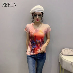 REHIN Womens top 2022 summer new fashion unique print short-sleeved T-shirt bottoming shirt S-3XL slim fit blouse