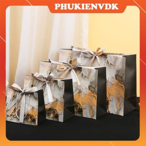 Túi Giấy Cứng Túi Quà Tặng Vân Đá Vẩy Vàng Buộc Nơ Hai Màu Luxury Sang Trọng