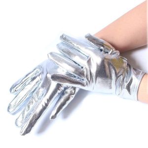 SKJK Shiny Bright Leather Gloves Gold Silver Color Stage Performances Punk Mittens Fashion Long/Short Etiquette Gloves Halloween