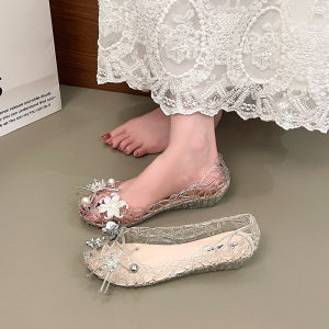 Free Shipping Flower Transparent Crystal Shoes For Women Summer Outdoor Flat Shoes Sweet And Cute Jelly Shoes For Vacation
