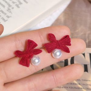 1Pair Fashion Retro Bowknot Girl Ear Stud 2024 New Flocking Bowtie Pearl Pendant Earrings Velvet Bow New Year Earring Jewelry