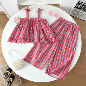 Bear Leader Korean Version Multicolour Stripe Print Suspender Tops and Pants Two-piece Set Summer Bow Girls Clothes 3-7 Years Kids Casual Wear