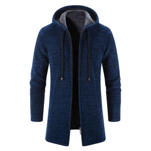 Mens Long Cardigan Hooded Sweater Autumn Winter Trench Coat Thick Warm Jumper Fashion Solid Red Male Knit Sweaters Jacket
