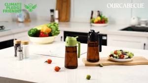 Bình xịt dầu cho nấu ăn chai phân phối dầu ô liu thủy tinh 16oz cho đồ dùng nhà bếp chai màu nâu sẫm 2 trong 1 phun và rót có nhãn dán cho nồi chiên không khí salad