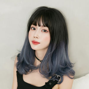 45CM Wig Human Hair Original Blue Wig Long Curly Hair with Bangs Natural & Fluffy Realistic Womens Long Hair Repair Face Long Hair Full Headgear Wig for Women Human Hair True Hair