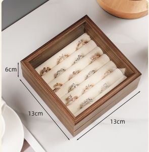Shopclassyhome mini box Jewelry display box walnut grain jewelry box flip-top ring stud earrings jewelry box glass with lid storage box