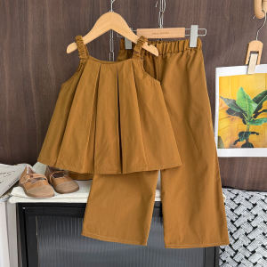 LJBear Leader Ternos Kids Clothes Girls Korean Suits Summer New Fashion Pleated Suspender Tops and Brown Skirts 2 Pieces Outfits Childrens Fashion Clothing Casual Wear 3-7 Years
