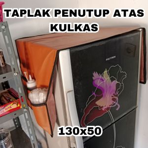 TAPLAK PENUTUP ATAS KULKAS/TAPLAK BAHAN OSCAR DENGAN 3 KANTONG DITIAP SISI/COVER KULKAS KULIT SINTETIS ANTI DEBU